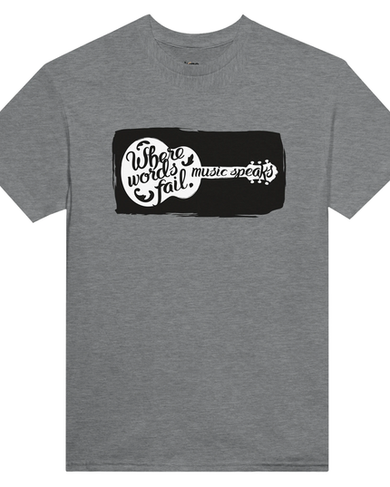 Model wearing unisex tee styled with vinyl record and music gear