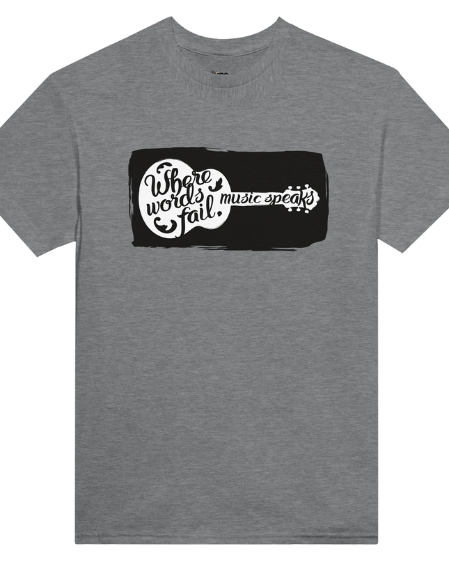 Model wearing unisex tee styled with vinyl record and music gear