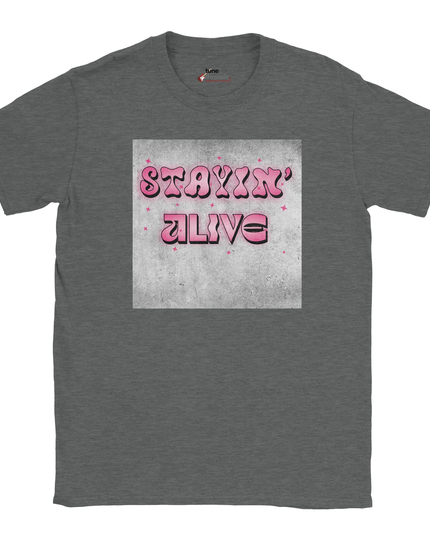 Close‑up of disco lyric print ‘Stayin’ Alive’ on shirt