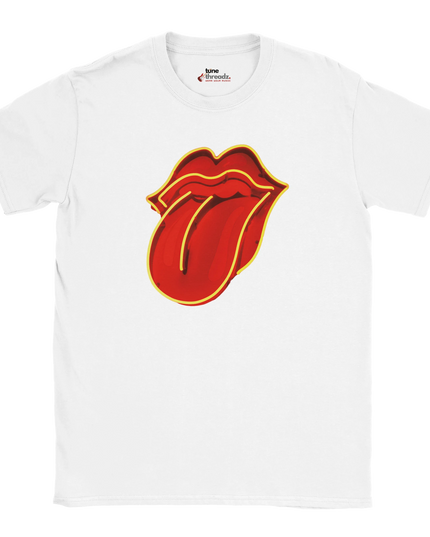 Close-up of tongue design on music-themed shirt