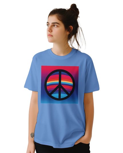 Model wearing relaxed-fit peace symbol graphic tee
