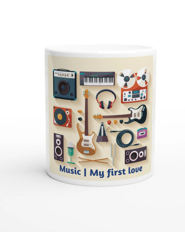 Close-up of vivid graphic on dishwasher- and microwave-safe music mug