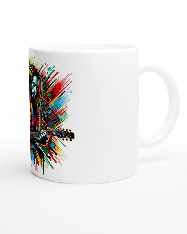 Close-up of high‑contrast music motif on glossy ceramic mug