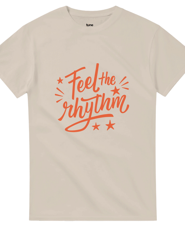 Model wearing Feel the Rhythm shirt styled with headphones on a stage backdrop