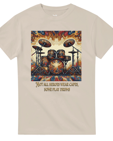 Lifestyle shot: tee worn by musician holding drumsticks by a kit