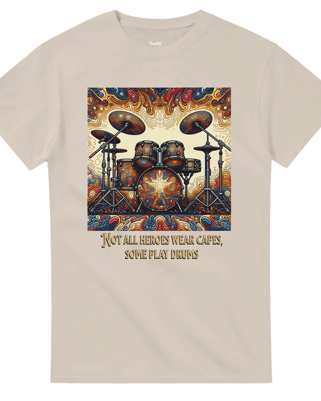 Lifestyle shot: tee worn by musician holding drumsticks by a kit