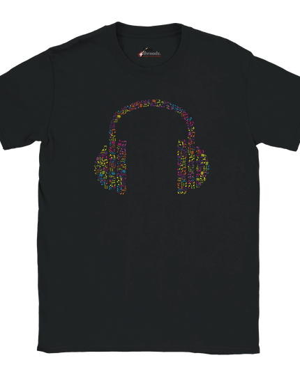 Close-up of headphone illustration on music-themed shirt