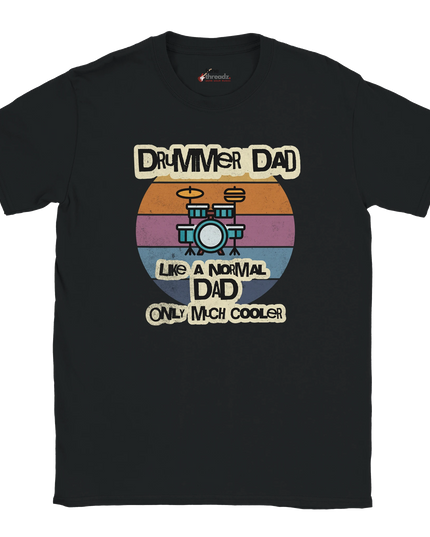 Model wearing relaxed-fit Drummer Dad music tee