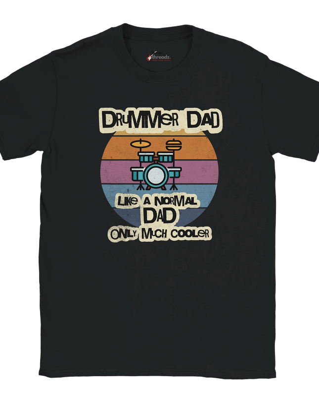 Model wearing relaxed-fit Drummer Dad music tee