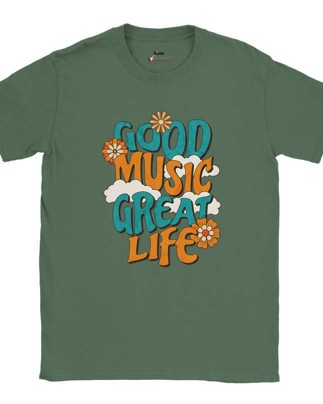 Model wearing Good Music Great Life tee relaxed fit