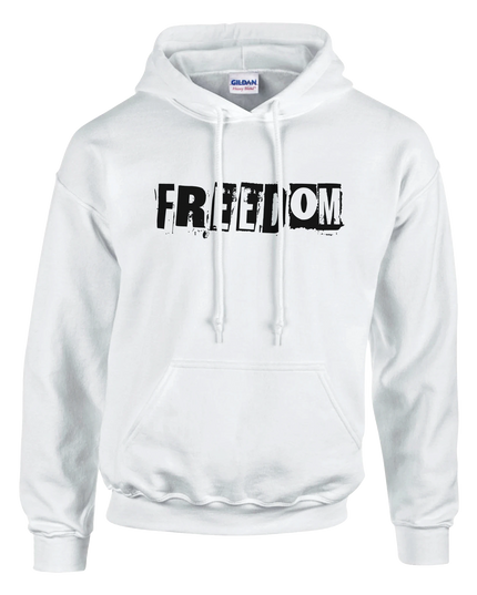 Unisex pullover hoodie with bold Freedom text graphic on chest