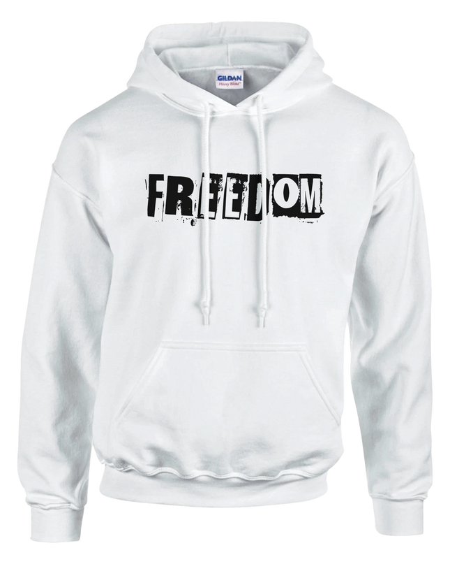 Unisex pullover hoodie with bold Freedom text graphic on chest