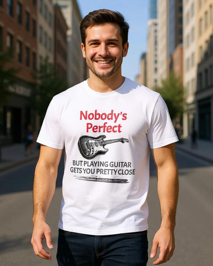 Close-up of bold statement text on guitar-themed tee