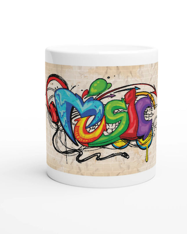 Glossy white 11 oz ceramic mug with bold ‘Music’ lyric print