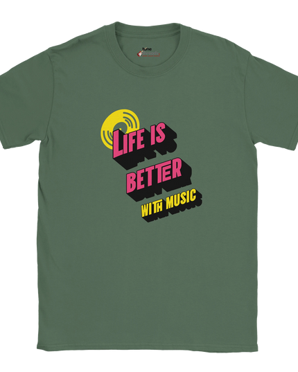 Model wearing Life Is Better With Music T‑shirt relaxed fit