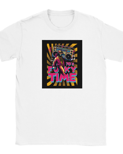 Unisex cotton tee featuring vintage Funky Time graphic