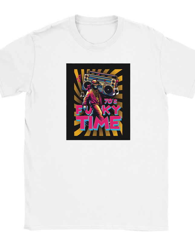 Unisex cotton tee featuring vintage Funky Time graphic