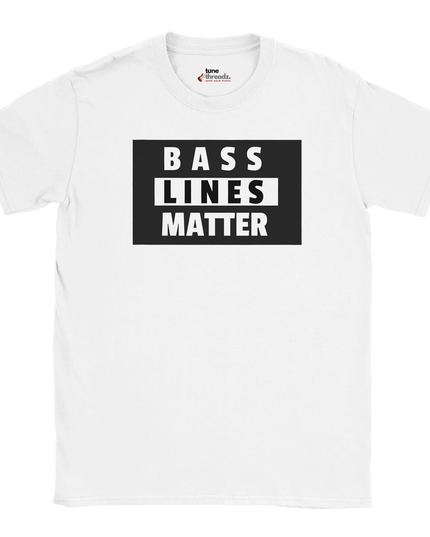 Close-up of typographic design reading Bass Lines Matter on shirt