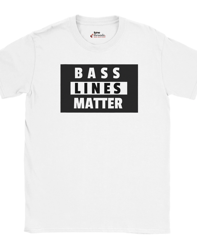 Close-up of typographic design reading Bass Lines Matter on shirt